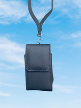 Load image into Gallery viewer, Around the Neck Black Leather Flip Top Phone Case and Safety Lanyard